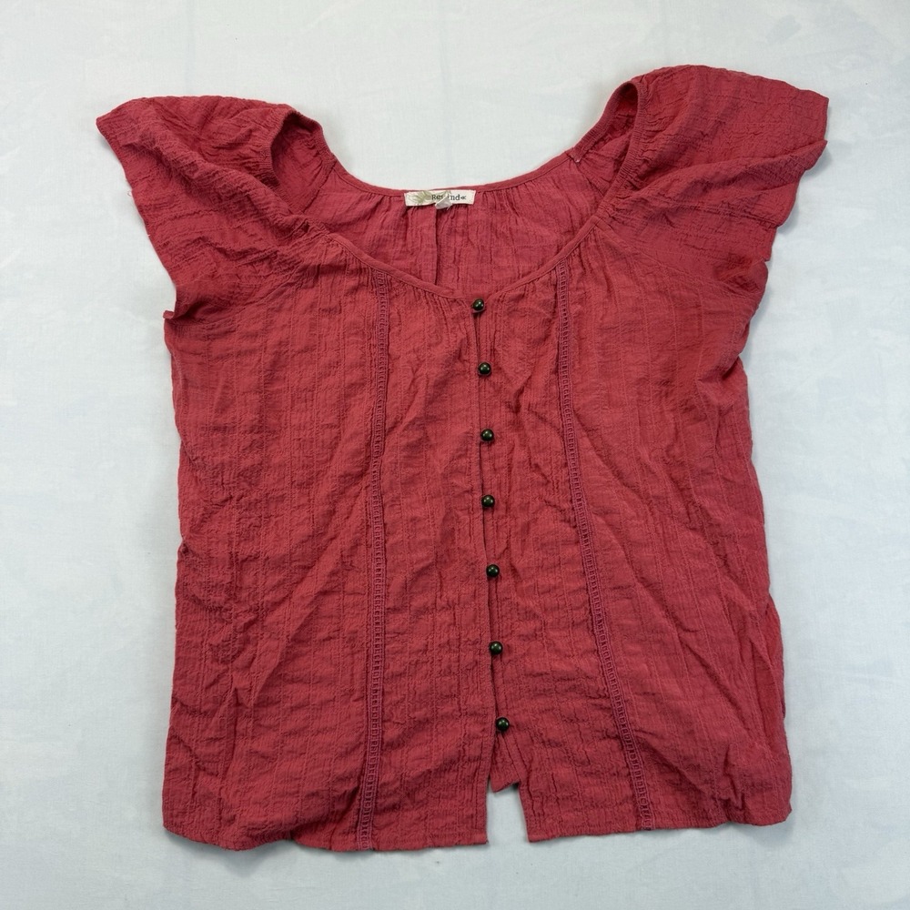 Rewind Womens L Red Peasant Blouse Flutter Sleeve Button Front Boho Top
